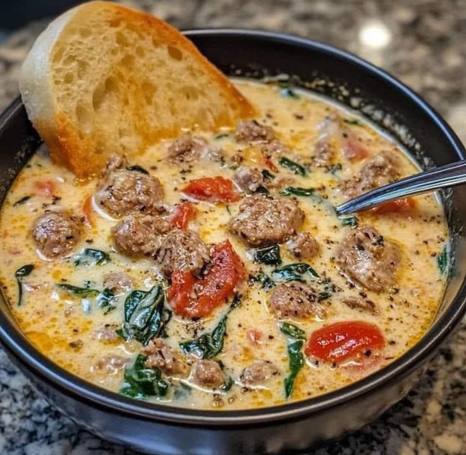FoodPleaser's tweet photo. Creamy Parmesan Italian Sausage Soup 🥣 https://t.co/djHnlYMic3