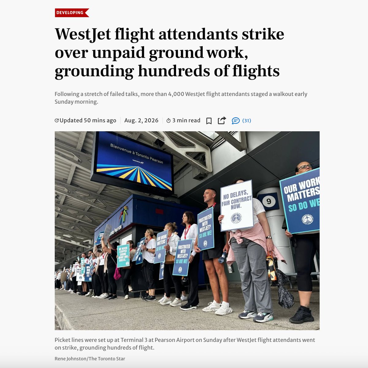 avilewis's tweet photo. To the thousands of WestJet flight attendants who are out on strike against unpaid work: the NDP stands with you.

Your fight is the fight of every worker who is sick and tired of getting pushed around by big corporations — people who are working harder than ever and still struggling to get ahead, while a handful of CEOs keep getting richer. Millions of Canadians will be cheering you on today.

The right to strike is not an inconvenience, it's a cornerstone of our democracy. That's why the Liberal government must not use Section 107 to force flight attendants back to work, as it did with Air Canada workers last year. Canadians won't soon forget if the Prime Minister intervenes on behalf of WestJet this time around.

This strike is about basic fairness, dignity and respect. No one should be expected to work for free.