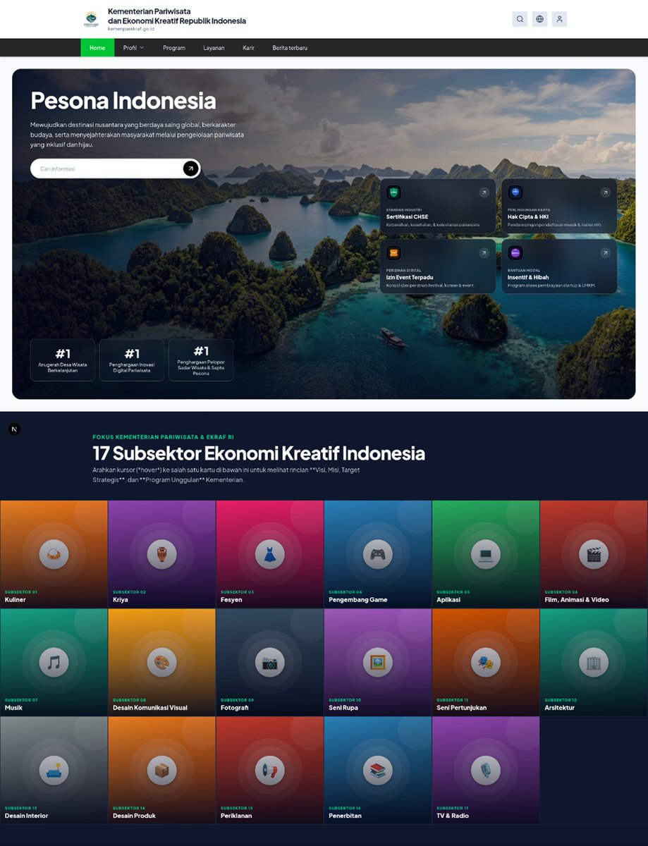 SuryaarioPrata2's tweet photo. permisi kak izin mencoba hal baru🙏

OPEN JASA BIKIN WEB LANDING PAGE 🎊

Tampilan website kementrian pariwisata Indonesia prototype projek gabut pribadi hehe.

#websitedevelopment #landingpage #uiux https://t.co/qtJ2a15XjI