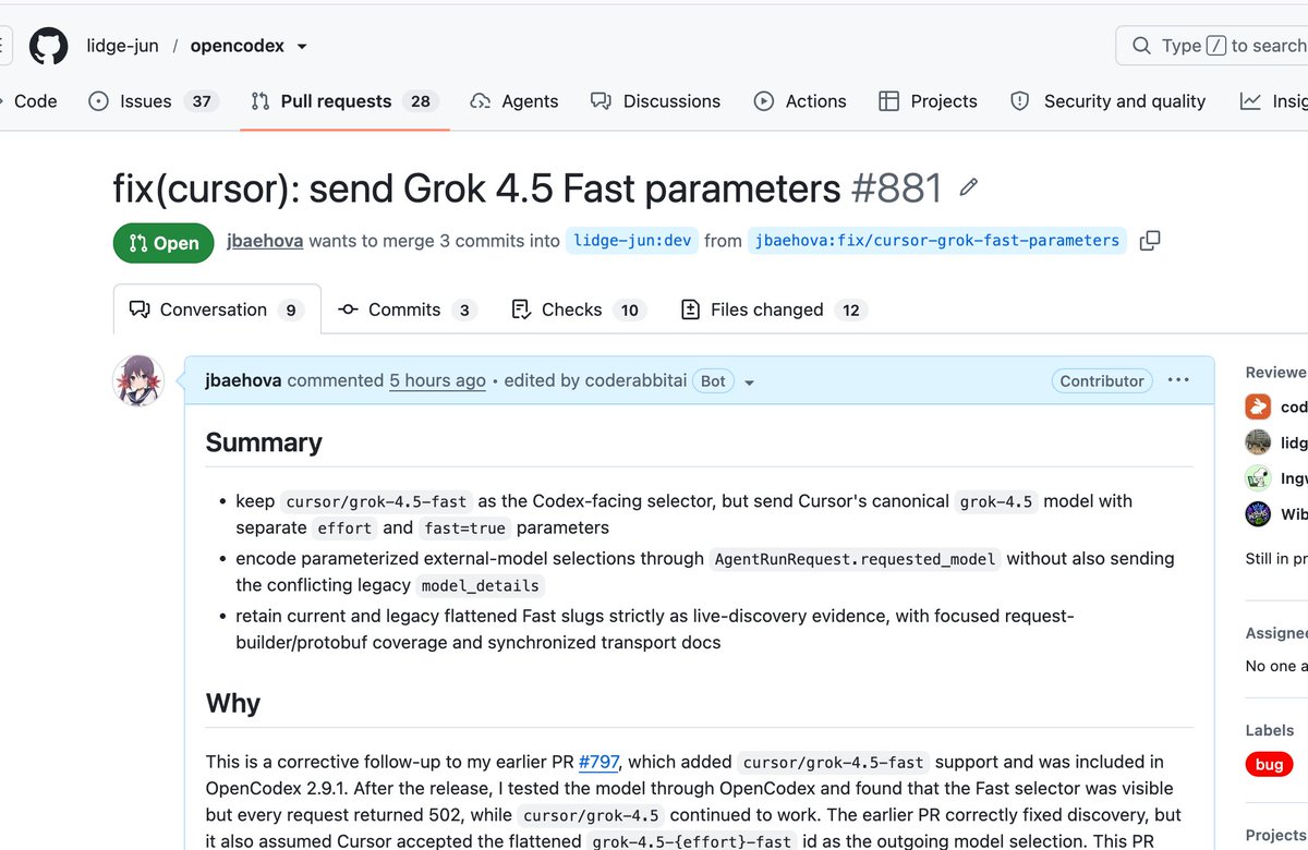 jbaehova's tweet photo. Thanks to @claudeebum, I no longer need all the weird workarounds, like running a background terminal for Pi. That said, I opened some PRs to let CURSOR BROS use Grok 4.5 Fast through OpenCodex. If they land, it’s going to be huge. Running Ralph inside Codex with Grok 4.5 Fast would be an absolute sight to behold.