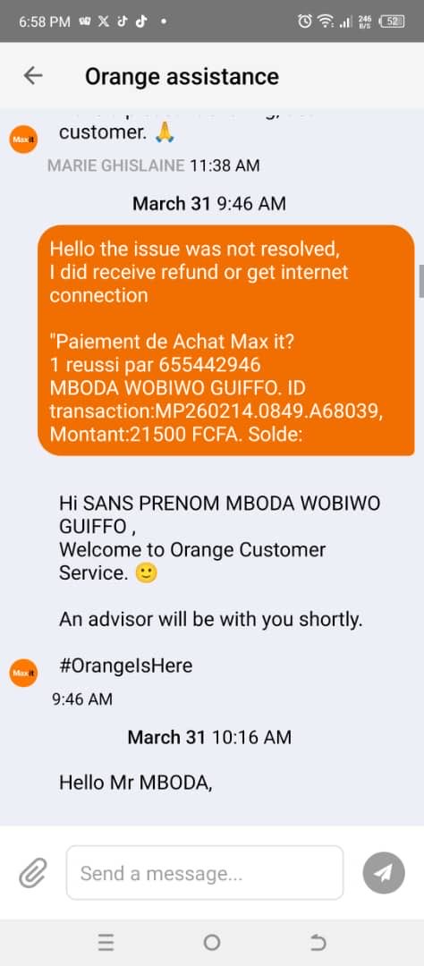 wobiwo's tweet photo. @Orange_Cameroun @Orange_Cameroun Plus de 5 mois pour un dossier de 21 500 FCFA : compte débité, forfait jamais reçu. Malgré Maxit, plusieurs appels et un passage à votre agence d’Akwa, toujours aucune solution. C’est normal ? https://t.co/arNRNFLLqA