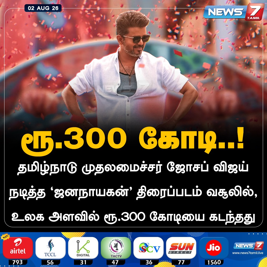 news7tamil's tweet photo. ரூ.300 கோடி..!

#Jananayagan | #JananayaganMovie | #CMJosephVijay‌  | #TVKVijay‌ | #Boxoffice https://t.co/OERy1SmQgZ