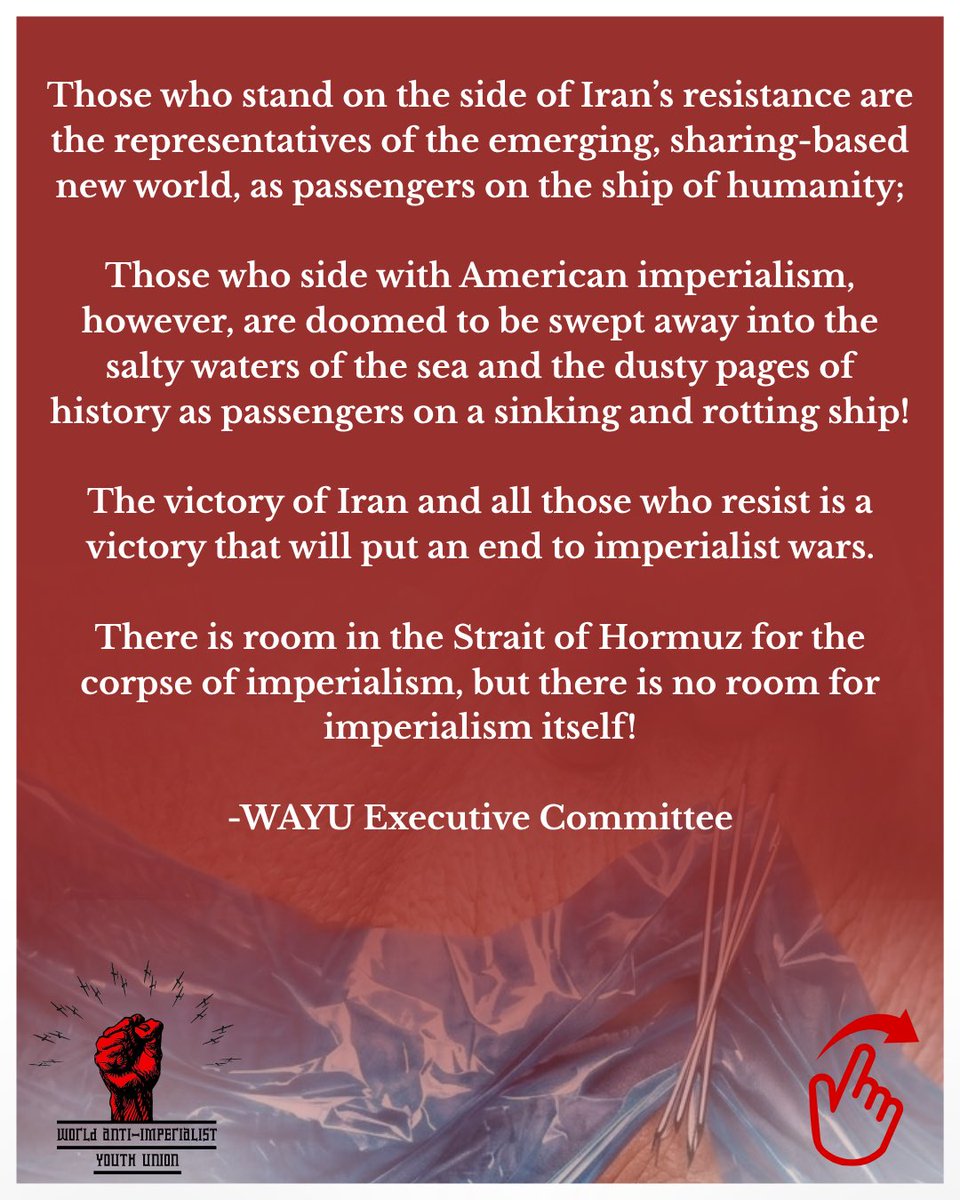 WAYouthUnion's tweet photo. 🚨JOINT STATEMENT:

ONLY THE CORPSE OF IMPERIALISM CAN PASS THROUGH STRAIT OF HORMUZ! https://t.co/rFnv2uc12G