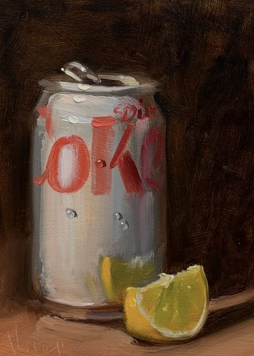 NoahVerrier's tweet photo. My oil painting of Diet Coke &amp; lemon https://t.co/tocmM8NDGX