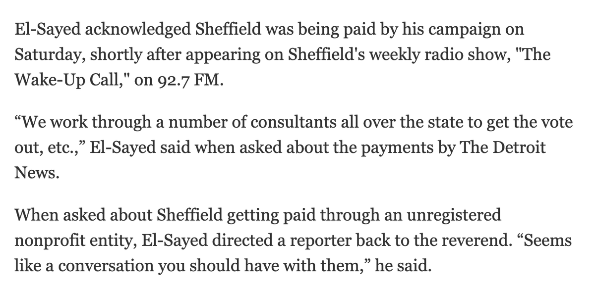 ChuckRossDC's tweet photo. Detroit News asked @AbdulElSayed about our scoop on him paying Detroit pastor Horace Sheffield $75,000. 

El-Sayed says it's for "get out the vote" work. El-Sayed has touted the endorsement without telling ppl that he's paying Sheffield for his support. El-Sayed is trying to buy Detroit's black vote via Sheffield https://t.co/aXHolXyuz3