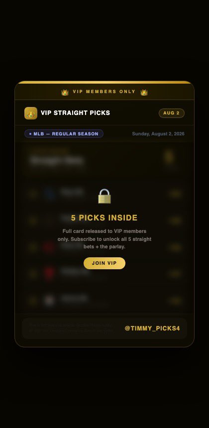 Timmy_picks4's tweet photo. Today's 5-pick board + parlays are locked and loaded 🔒
Every play backed by real matchup data, ERAs, and live odds — no guesswork.
VIP members get the full card before first pitch.
Unlock it now ⬇️

#MLB #GamblingTwitter https://t.co/HrHSbRHIzv