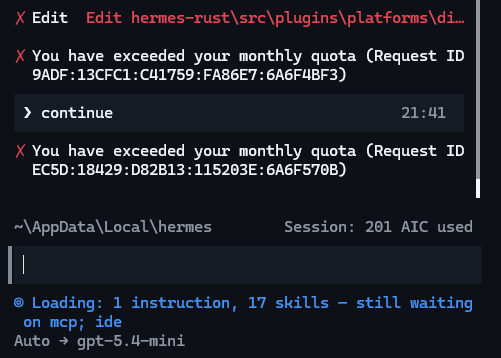GitHub Copilot quota-exceeded screenshot showing a long prompt exhausting the monthly allowance before the task finished