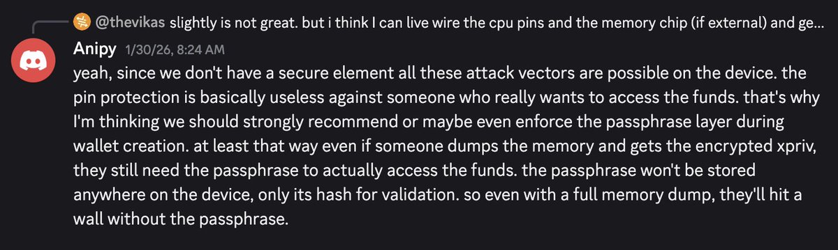 Anipy1's tweet photo. While developing cryobrick, I became skeptical of building a hww without a secure element. Since I lack expertise in security reviews, pentesting, and hardware security, I didn't feel comfortable continuing the project and eventually left it. I did my best with cryobrick (1/2) https://t.co/SNVdJ5Qrg8