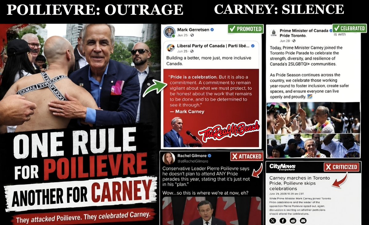 therealmrbench's tweet photo. Carney skips Vancouver Pride: silence.

Poilievre skips Pride: outrage.

Vancouver Pride is today.

Pierre Poilievre said Pride was not in his plans.

Rachel Gilmore attacked him.
CityNews ran the headline.
Liberal MPs piled on.

Mark Carney was just in Vancouver, flew back to Ottawa and did not return for today’s parade.

Now the Liberal outrage machine has nothing to say.

One rule for Poilievre.

Another for Carney.