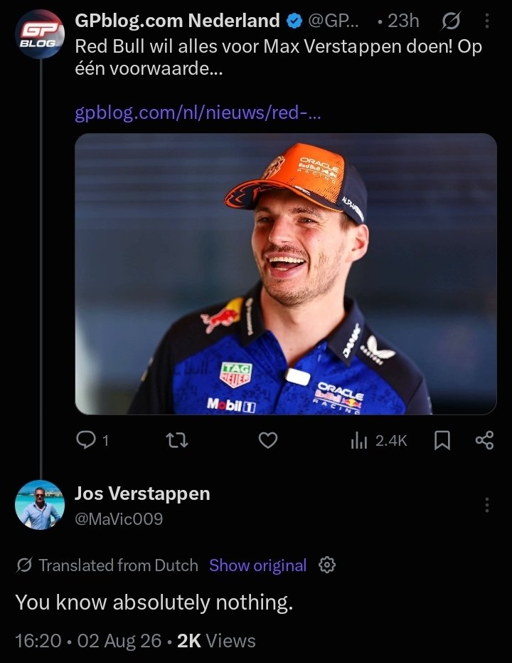 verstappenews's tweet photo. Jos's response to GPblog reporting that Red Bull have offered Max a new contract in exchange for removing his exit clause 💀

"You know absolutely nothing." https://t.co/ovvYKSDzEJ