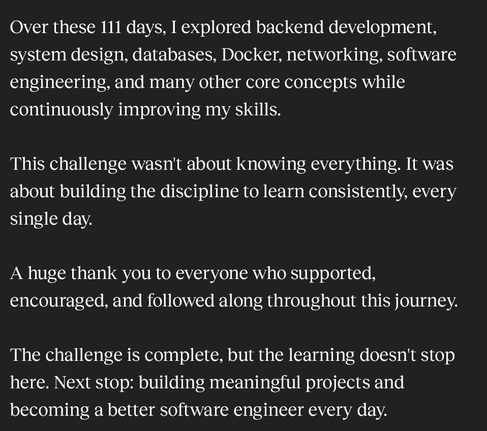 kushaldhakal216's tweet photo. Day 111/#111DaysOfLearningForChange
Grateful to @CodeForChangeNp for organizing #111DaysOfLearningForChange and to everyone who supported and encouraged me throughout this journey.
@CodeForChangeNp
#SoftwareEngineering #BackendDevelopment https://t.co/QgBGa7b4oq