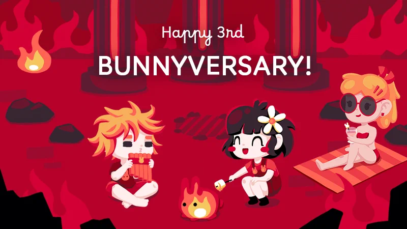 Pâquerette, Ophéline and Hèrbe are sitting around the closed hole in the Pillars Room from Bunburrows, fire is everywhere, Pâquerette is cooking a marshmallow on a fire bun, Hèrbe is playing the flute and Ophéline is sunbathing