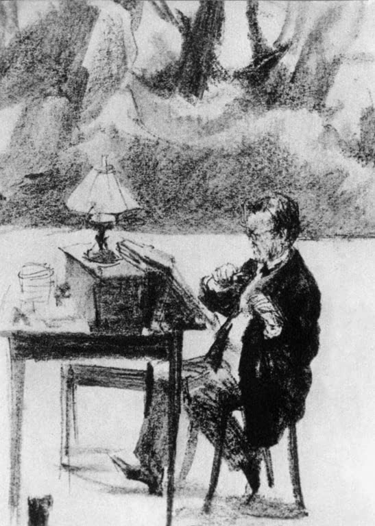 ValerioRe12's tweet photo. Richard Wagner sul palco di Bayreuth, seduto a un tavolino, al lume di una lampada, con la partitura davanti, durante le prove della prima rappresentazione dell'Anello del Nibelungo, in un disegno di Adolph Menzel.
#Ring150
#BayreutherFestspiele https://t.co/dLZcEMeR0W