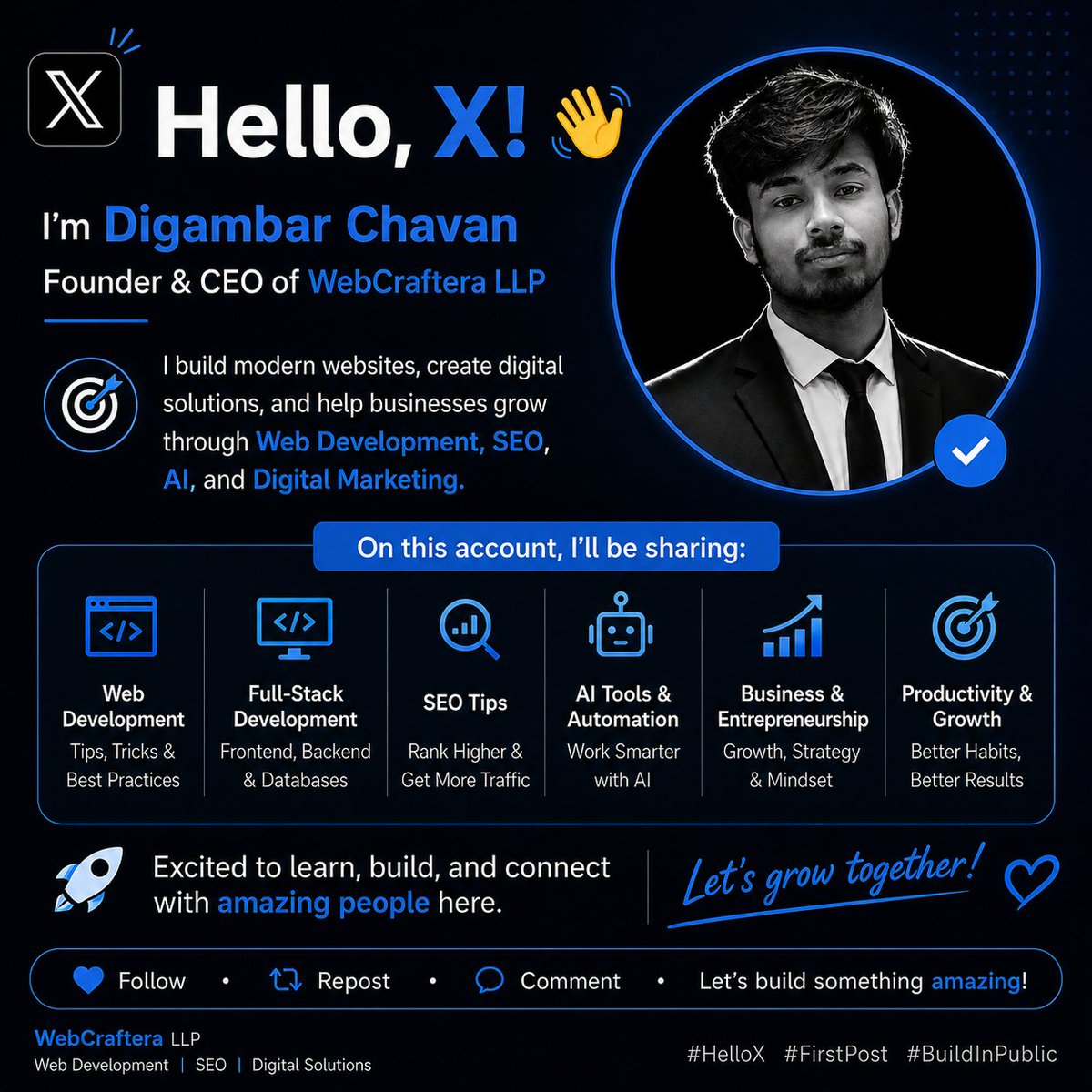 digambar3120's tweet photo. Every expert started with a first post.
Here's mine. 👋
Building websites, solving problems, and sharing everything I learn along the way.
Welcome to the journey. 🚀
#HelloX #FirstPost #BuildInPublic #WebDevelopment #SEO #AI #Entrepreneur #Tech #Startup https://t.co/SW4SSjLaRN