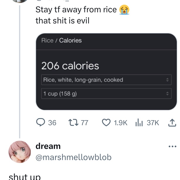 marshmellowblob's tweet photo. I’m so sick of people fear mongering food just because it’s not 0 calories per 100g https://t.co/gaB3PHBhE8