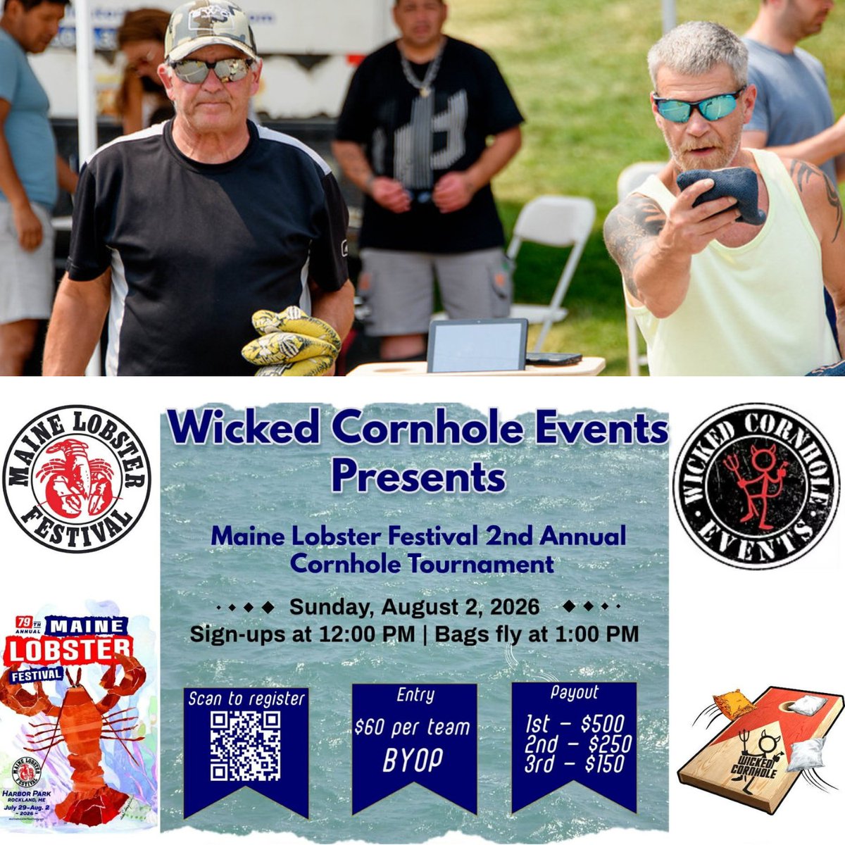 MELobsterFest's tweet photo. Join us for the 2nd Annual Cornhole Tournament today! Sign-ups begin at 12pm, and bags fly at 1pm. Entry is $60 per team; bring your own partner. You can also register online: https://t.co/vpEioeCTAZ

💰 Payouts:
1st place: $500
2nd place: $250
3rd place: $150 https://t.co/ec2OySFGE8