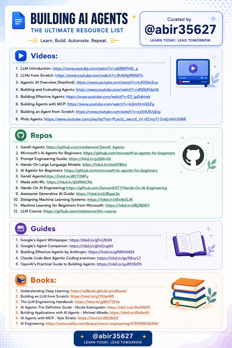 rosemoni18's tweet photo. Stop wasting hours trying to learn AI. 📘📚

I have already done it for you.

With one list. Zero confusion. And no fluff

📹 Videos:

1. LLM Introduction: https://t.co/X4ULQrcDjv

2. LLMs from Scratch: https://t.co/CqsWpIOahp

3. Agentic AI Overview (Stanford): https://t.co/PAWdy4lXsG

4. Building and Evaluating Agents: https://t.co/thM6xRXOD7

5. Building Effective Agents: https://t.co/pxgEQyzJf7

6. Building Agents with MCP: https://t.co/jOfZslpzF5

7. Building an Agent from Scratch: https://t.co/taZEzQijFC

8. Philo Agents: https://t.co/3sd4LlrPS8

🗂️ Repos

1. GenAI Agents: https://t.co/0oFDRWJkFq

2. Microsoft's AI Agents for Beginners: https://t.co/xMgH0yX5RI

3. Prompt Engineering Guide: https://t.co/BdSEbN421D

4. Hands-On Large Language Models: https://t.co/T2Gp0kkAG3

5. AI Agents for Beginners: https://t.co/xMgH0yX5RI

6. GenAI Agentshttps://lnkd.in/dEt72MEy

7. Made with ML: https://t.co/W8d7jzxK53

8. Hands-On AI Engineering:https://t.co/ocND0VfeES

9. Awesome Generative AI Guide: https://t.co/863rUDu5Z2

10. Designing Machine Learning Systems: https://t.co/fPHgrgd6KE

11. Machine Learning for Beginners from Microsoft: https://t.co/uF29t3qoqX

12. LLM Course: https://t.co/vtGkR4N3Vu

🗺️ Guides

1. Google's Agent Whitepaper: https://t.co/X3AAtX00a6

2. Google's Agent Companion: https://t.co/1h8LfmW0cZ

3. Building Effective Agents by Anthropic: https://t.co/NtXomMBybm.

4. Claude Code Best Agentic Coding practices: https://t.co/P5dMA6B63W

5. OpenAI's Practical Guide to Building Agents: https://t.co/qLS6YHq4aW

📚Books:

1. Understanding Deep Learning: https://t.co/B9o7ZLgVZA

2. Building an LLM from Scratch: https://t.co/Vy9hTbCYyM

3. The LLM Engineering Handbook: https://t.co/knCGxgT8U7

4. AI Agents: The Definitive Guide - Nicole Koenigstein: https://t.co/3oLuN7WfIJ

5. Building Applications with AI Agents - Michael Albada: https://t.co/3lpnChYOQJ

6. AI Agents with MCP - Kyle Stratis: https://t.co/kZTZGrRRd3

7. AI Engineering: https://t.co/V8UIAbslO5

📜 Papers

1. ReAct: https://t.co/m3JSc2YbTo

2. Generative Agents: https://t.co/eN6LbYA2qN.

3. Toolformer: https://t.co/JRQOuVyVw5

4. Chain-of-Thought Prompting: https://t.co/nn5HMMMVVE.

🧑🏫 Courses:

1. HuggingFace's Agent Course: https://t.co/pymWadAEbM

2. MCP with Anthropic: https://t.co/AGQ0bMVqfH

3. Building Vector Databases with Pinecone: https://t.co/46Q1vyxiQl

4. Vector Databases from Embeddings to Apps: https://t.co/cYqu49nEXY

5. Agent Memory: https://t.co/VDjA2INnve

Repost for your network ♻️

Follow @rosemoni18 for more valuable content