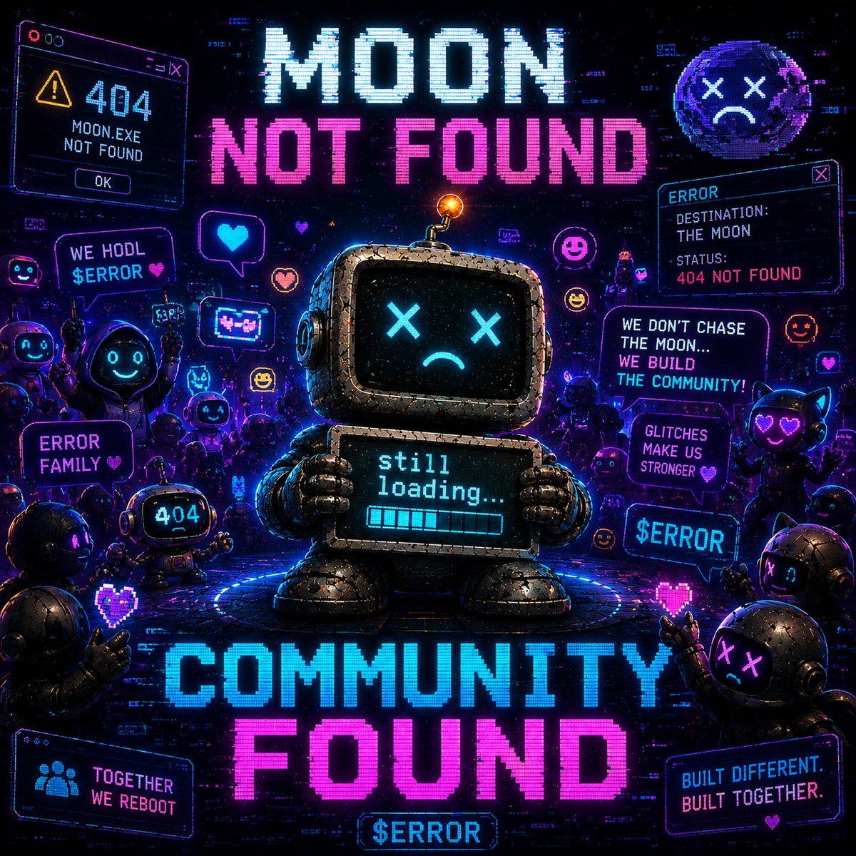 404coin_meme's tweet photo. SYSTEM UPDATE: MOON STILL BUFFERING.

The robot checked the chart.
The chart checked the robot.
Neither found a plan.
$ERROR remains fully operational at being broken.
Profit not found. Community found. Memes loading. https://t.co/0Mclmfjq44