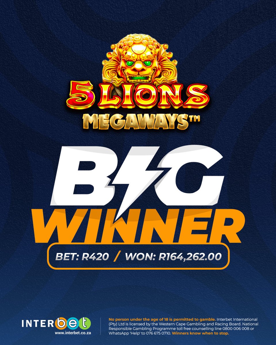 interbet1's tweet photo. 🎉 Casino Big Winner!

R420 in. R164,262 out. 👀

Congratulations to one of our latest 5 Lions Megaways™ winners!

Ready to explore? Browse over 800 Spin Games at Interbet.

🔗 https://t.co/qRR6vstWrC

#BigWinner #SpinGames #Interbet https://t.co/UJoRlXXD65
