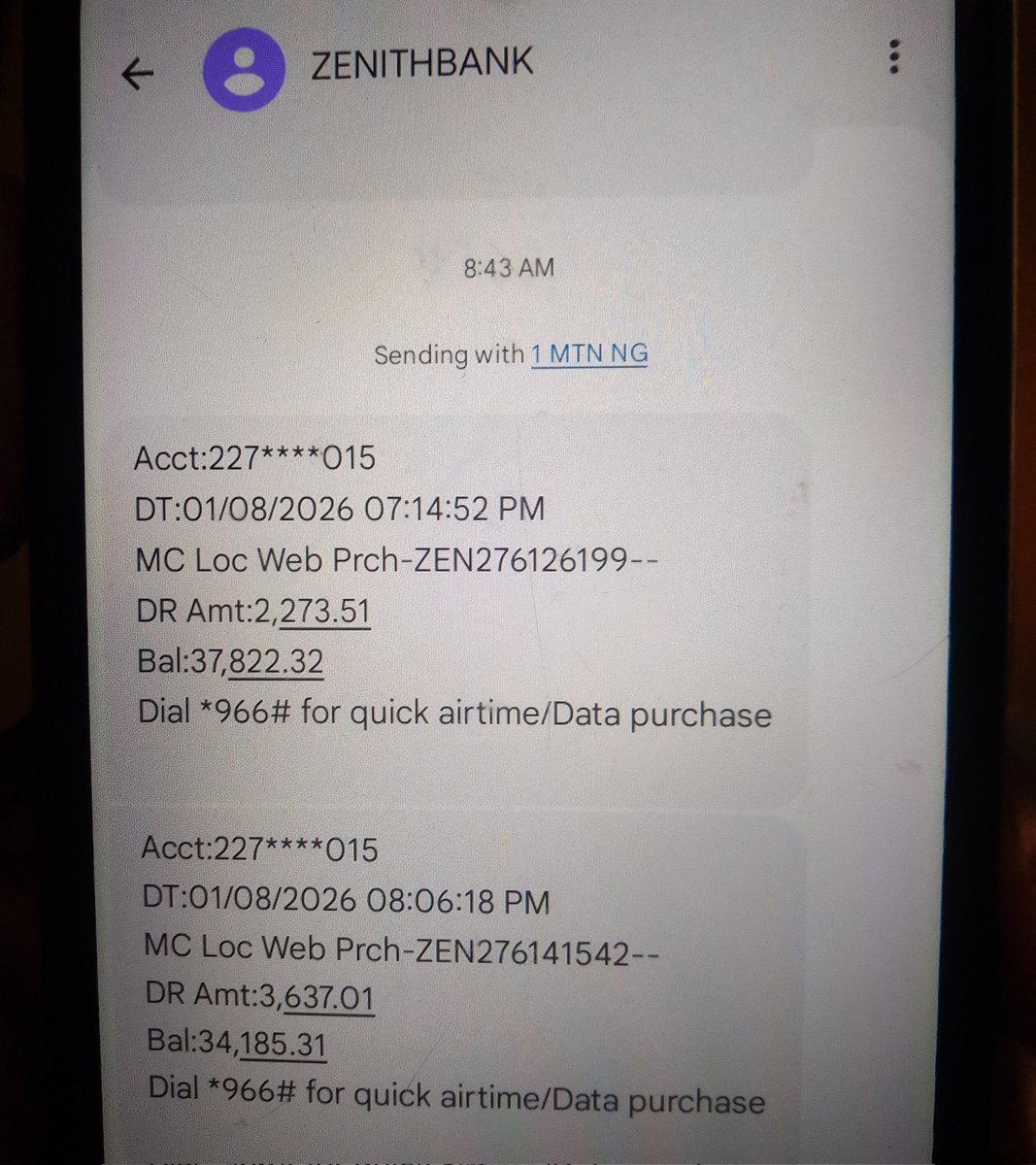 McFishlay's tweet photo. @ZenithBank I have some debit alerts on my account that I don't remember initiating any of them. Attached is the photo of the transactions. https://t.co/PELG7Ovq4o