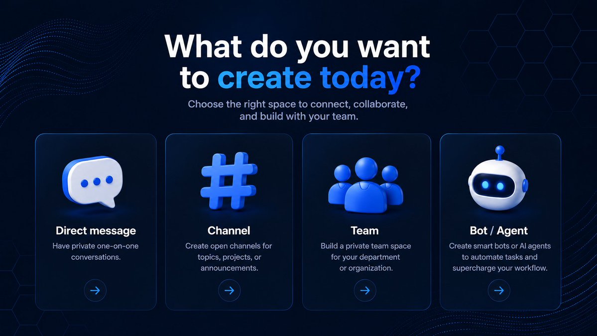 PrivOSAI's tweet photo. What do you want to create today?

Every great workspace starts with the right building blocks. In PrivOS, you don't need complex setup or weeks of configuration. With just a few clicks, you can create exactly the space your team needs.

💬 Direct Message
Start a private conversation with a teammate or an AI Agent. Perfect for quick discussions, file sharing, or getting instant AI assistance without leaving your workspace.

📢 Channel
Create an open communication space where everyone can stay aligned. Share company announcements, project updates, product releases, or team-wide discussions in one place.

🔒 Team
Build a private workspace for departments, projects, or clients. Each Team has its own members, files, AI context, workflows, and permissions, ensuring sensitive information stays exactly where it belongs.

🤖 Bot / AI Agent
Need to automate repetitive work? Create your own AI-powered Bot or Agent with simple natural language instructions. From HR assistants and CRM automation to content generation and internal workflows, no coding required.

Whether you're creating a conversation, a workspace, or an AI teammate, PrivOS makes it simple.
So... what do you want to create today?

#PrivOS #EnterpriseAI #AIAgents