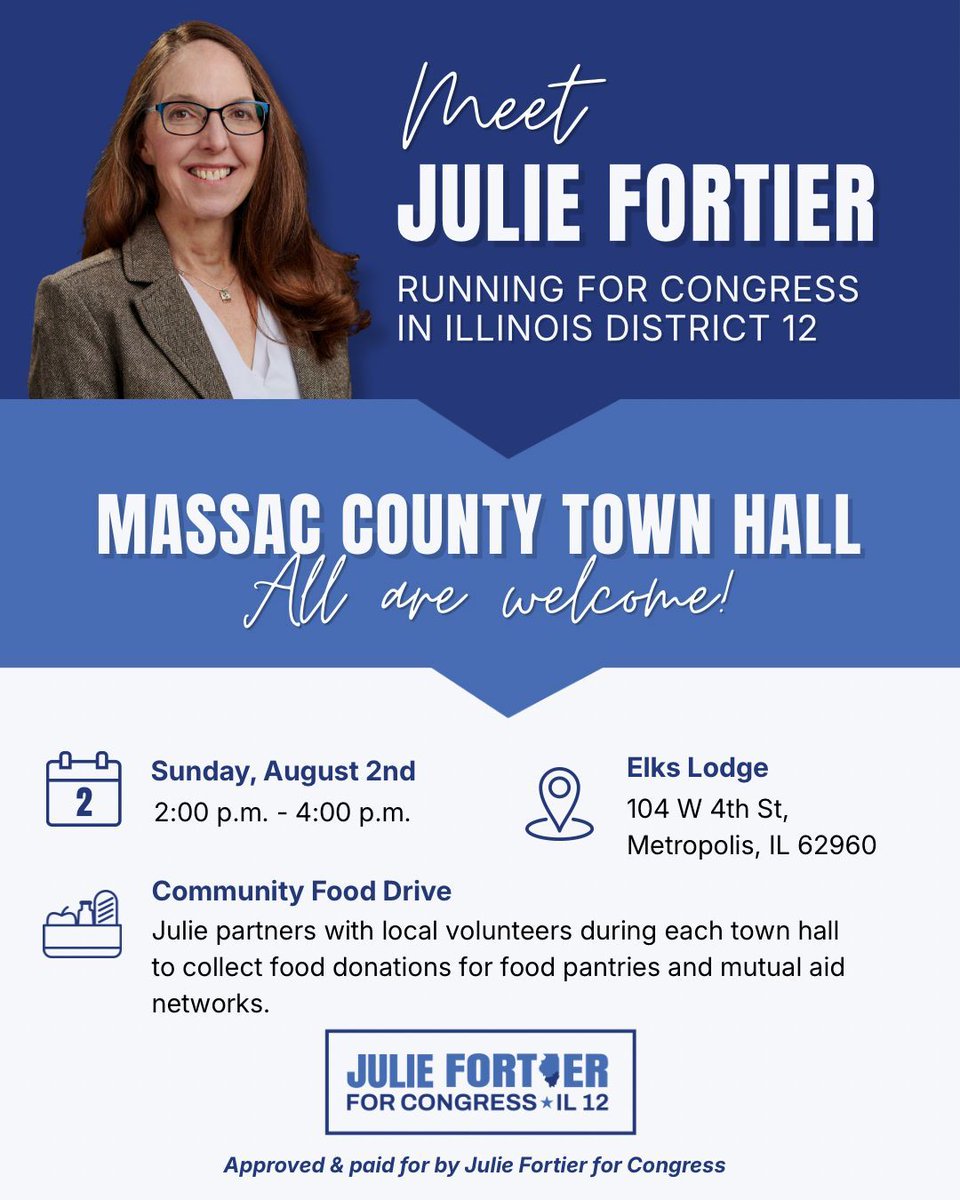 FortierforIL12's tweet photo. Massac Co Town Hall is today, 2-4pm at the Elks Lodge in Metropolis - see you there!
#Fortier2026 #Fortier4Congress #ForAllOfUs https://t.co/FMa6j3FTUc