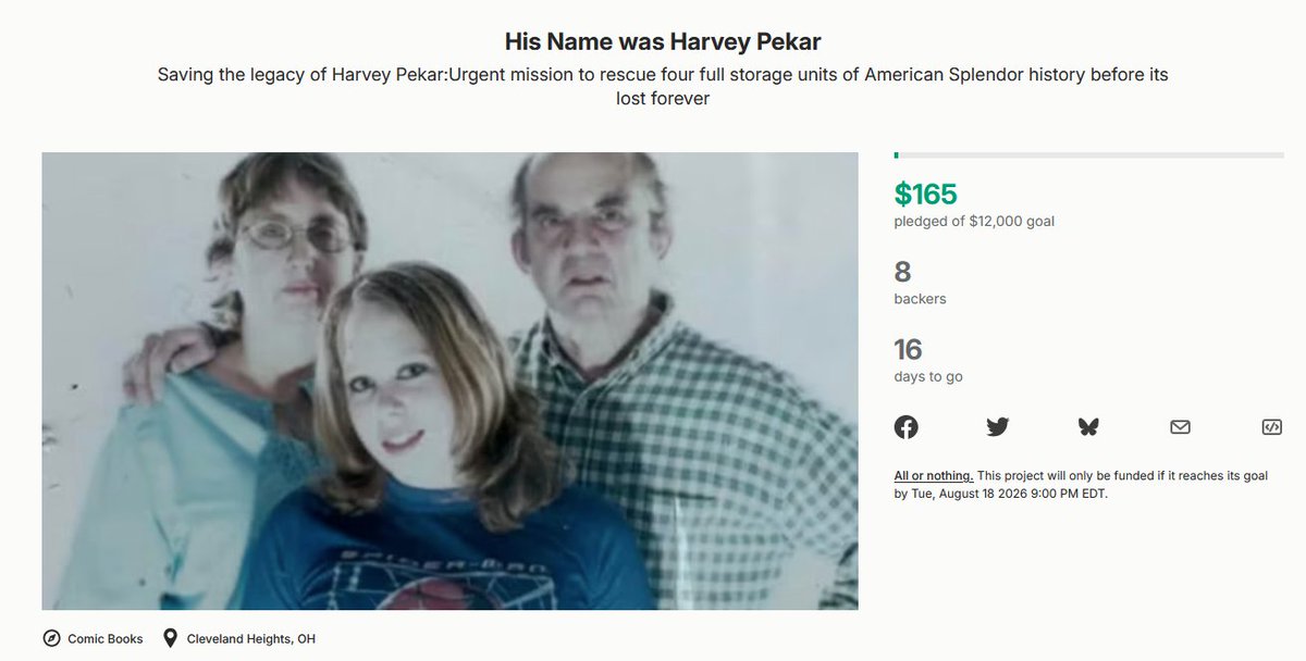 KaiserBeamz's tweet photo. Harvey Pekar was one of the first underground comix artist that came up alongside R. Crumb and this Kickstarter to preserve his life's work only has a few backers (counting me)! Click on the link below and help kick in a few dollars. https://t.co/fwMD4bTRP8