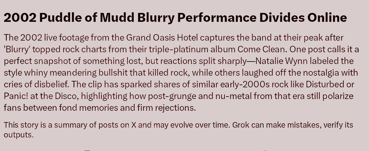 BettyUtility's tweet photo. "X", formerly known as Twitter, informs me that there is mixed, often furious opinion about a 2002 performance by Puddle Of Mudd. This conflict has been brewing for years and will inevitably lead to World War Three. I hope you're happy with yourselves. #PuddleOfMudd #WW3 https://t.co/Qg59sqyyd4