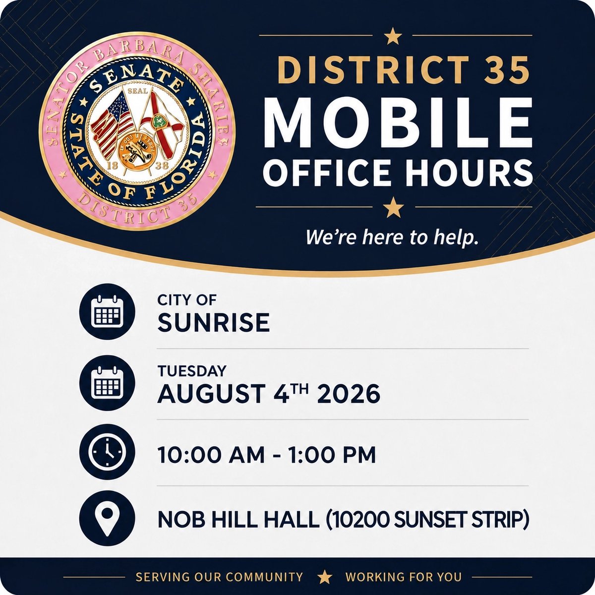 Barbarasharief's tweet photo. Join our mobile office in Sunrise! Tue, Aug 4, 10 AM-1 PM at Nob Hill Hall (10200 Sunset Strip) for state resources &amp; constituent services. 🚐 #SunriseFL #District35 #MobileOffice #ConstituentServices https://t.co/Mn7Q24ZMW7