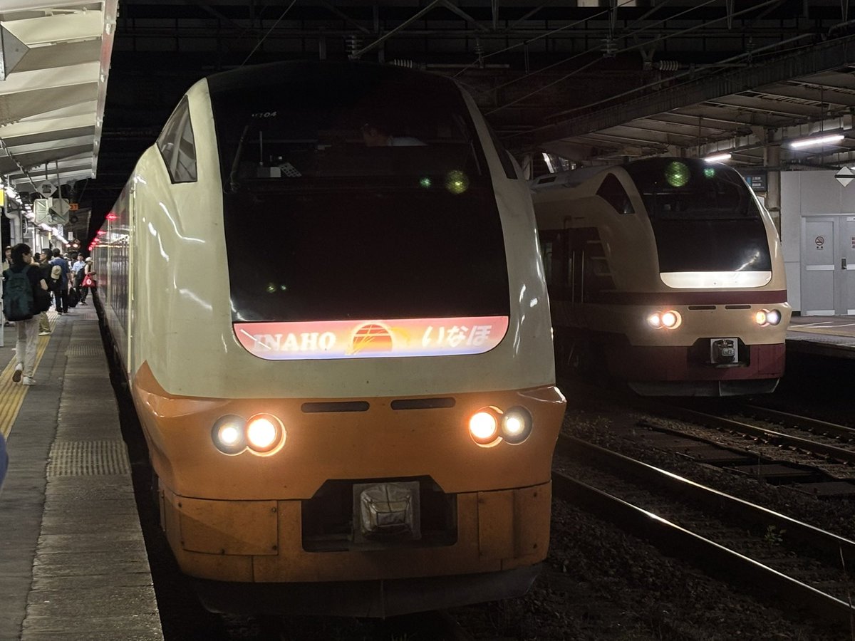 HakutakaE71195's tweet photo. それではE653系夜行列車で上野に帰ります🌙
本当は4番線発でしたが1本前の新宿行きでトラブルがあったらしく急遽発車番線が3番線に変更、夜行列車同士の並びが実現しました https://t.co/YiTKRQM8a3