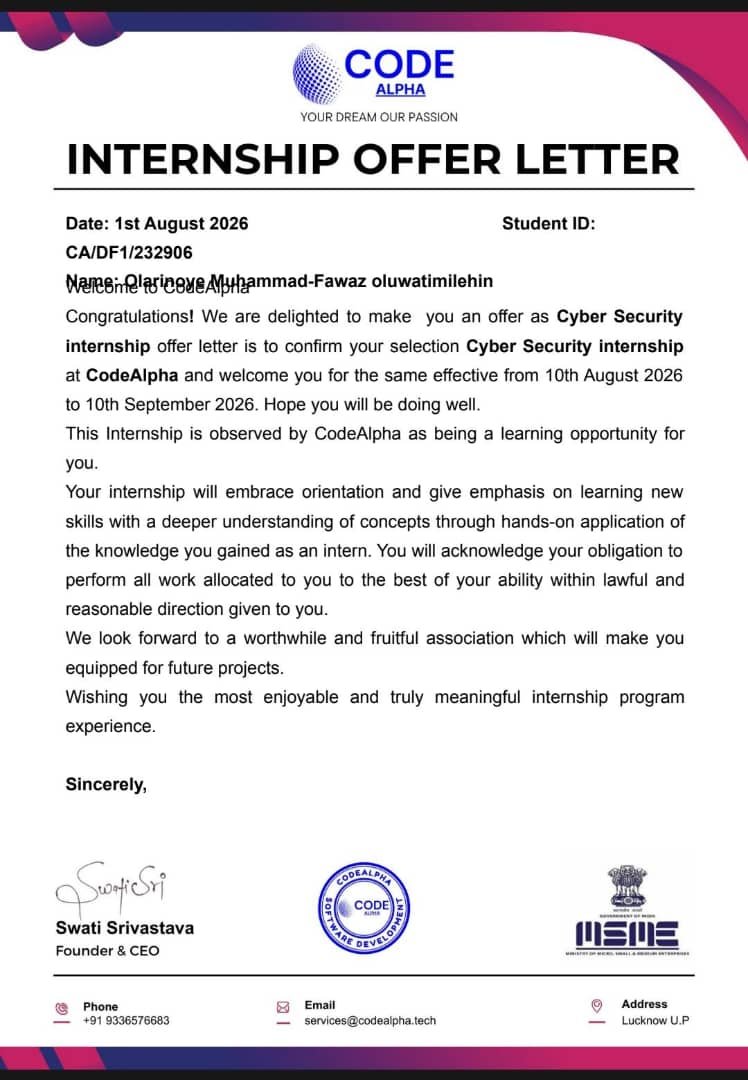 Omfatossa's tweet photo. Cyber Security Intern @ Code Alpha ✅ 
Excited to learn, build, and level up my skills. Let’s go 🚀#cybersecurity #Tech #intern https://t.co/FAM3PCfVqS