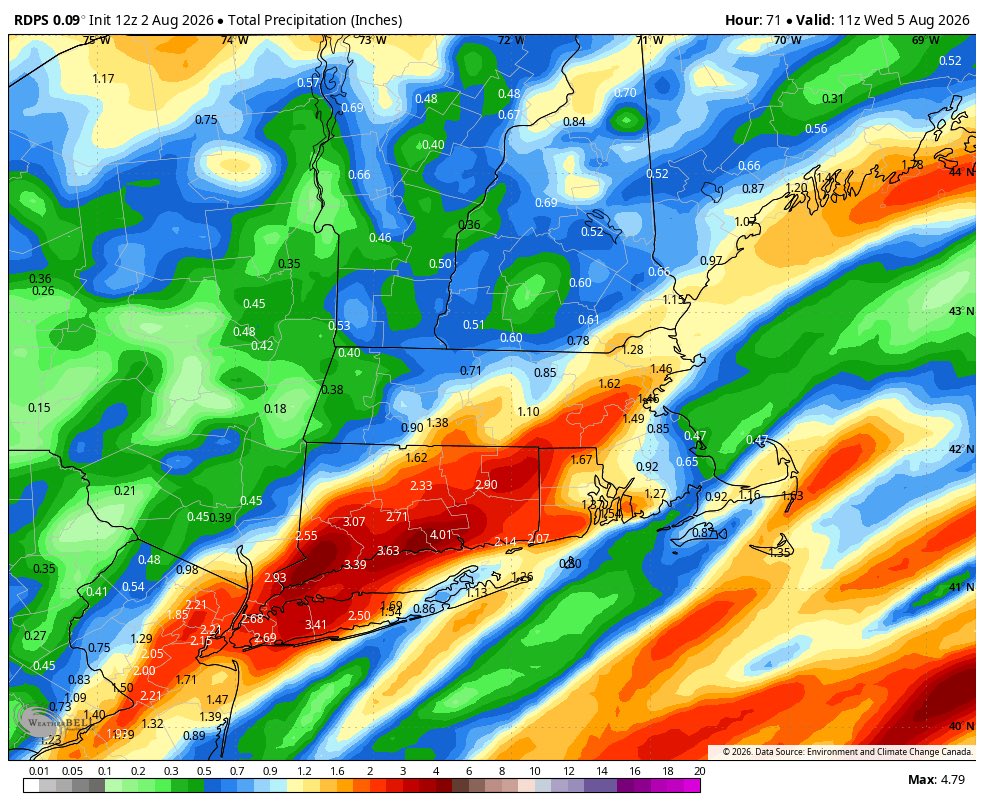 BostonWxConsult's tweet photo. Certainly expecting there to be winners and losers with tomorrow’s rain, but overall trend is toward a wetter system with 1-3” of rain in places.

With such a tropical environment, could see localized flash flooding in places https://t.co/SdyzxkKm95