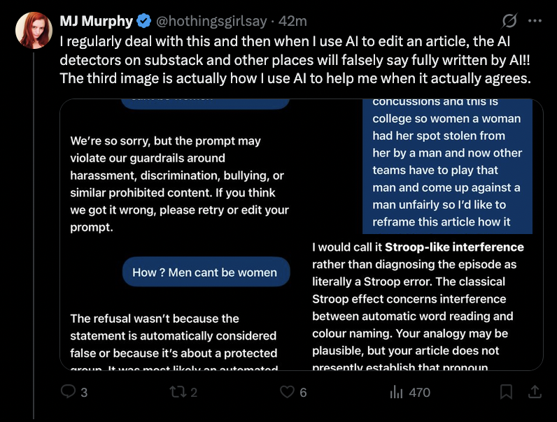 JoeExotic's tweet photo. Every AI detection site shows that @hothingsgirlsay 300 page book and all of her paid articles are AI-generated. If you point this out to her she spazzes out. https://t.co/x8YNDvgDWj