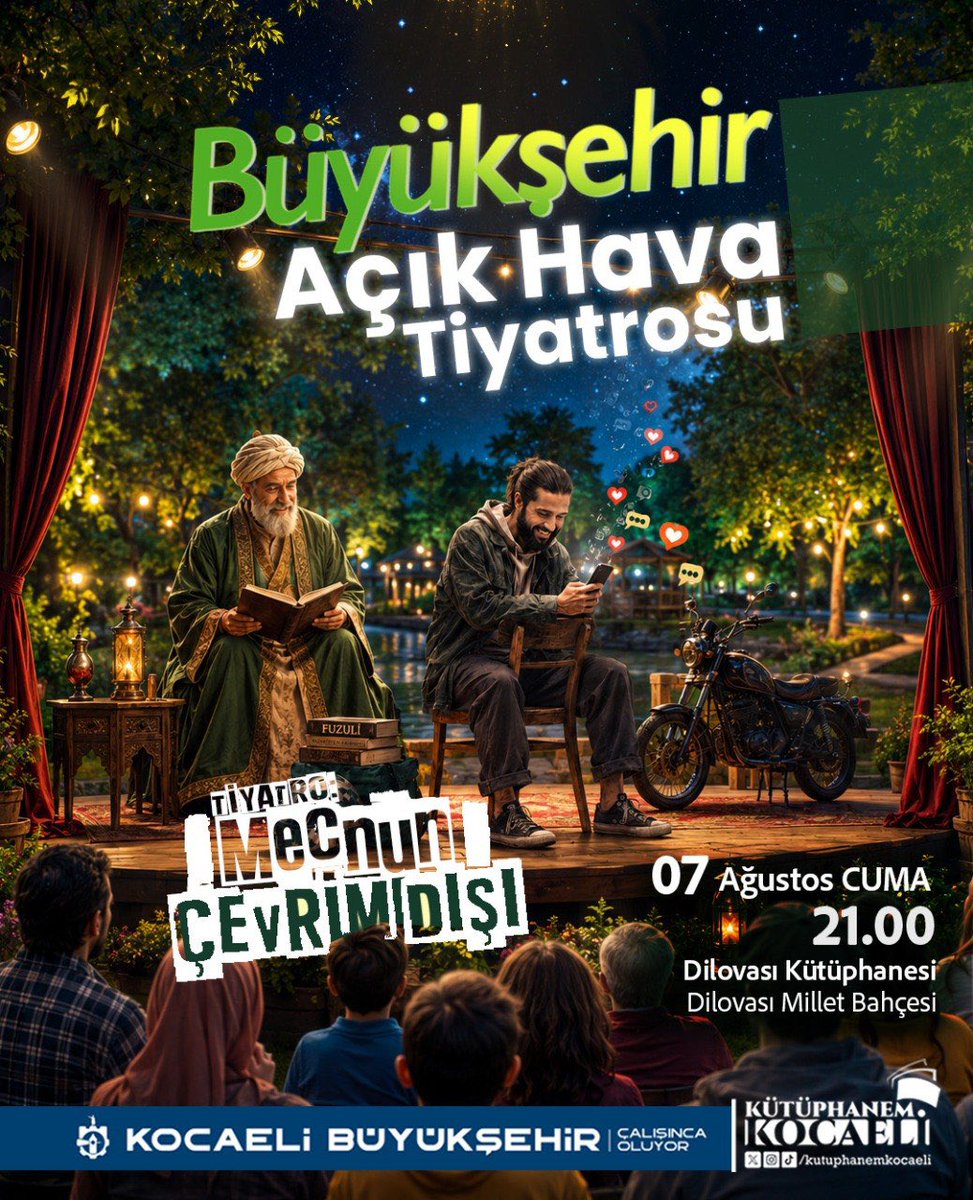 kutuphanemk's tweet photo. 🎭 Kütüphanemde Tiyatro Arası Devam Ediyor!

İlk buluşmanın ardından bu kez Dilovasında, “Mecnun Çevrim Dışı” açık hava tiyatro gösterisiyle yaz akşamlarını sanatla buluşturuyoruz. 🌙✨

📅 07 Ağustos Cuma
🕘 21.00
📍 Dilovası Kütüphanesi – Dilovası Millet Bahçesi https://t.co/H5aNxzUGA7