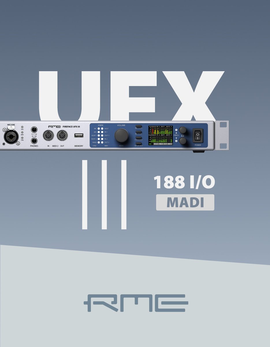 RME_Americas's tweet photo. Fireface UFX III with MADI: 64 I/Os. Daisy-chain MicPreamps, converters, other interfaces. Zero-latency connection, ultra-reliable, used for remote control. 3 ms roundtrip latency and FemtoSecond Pro Audio Clock!  #rmeaudio #rmeaudiousa #madi #recording https://t.co/FMVIVLhtX1