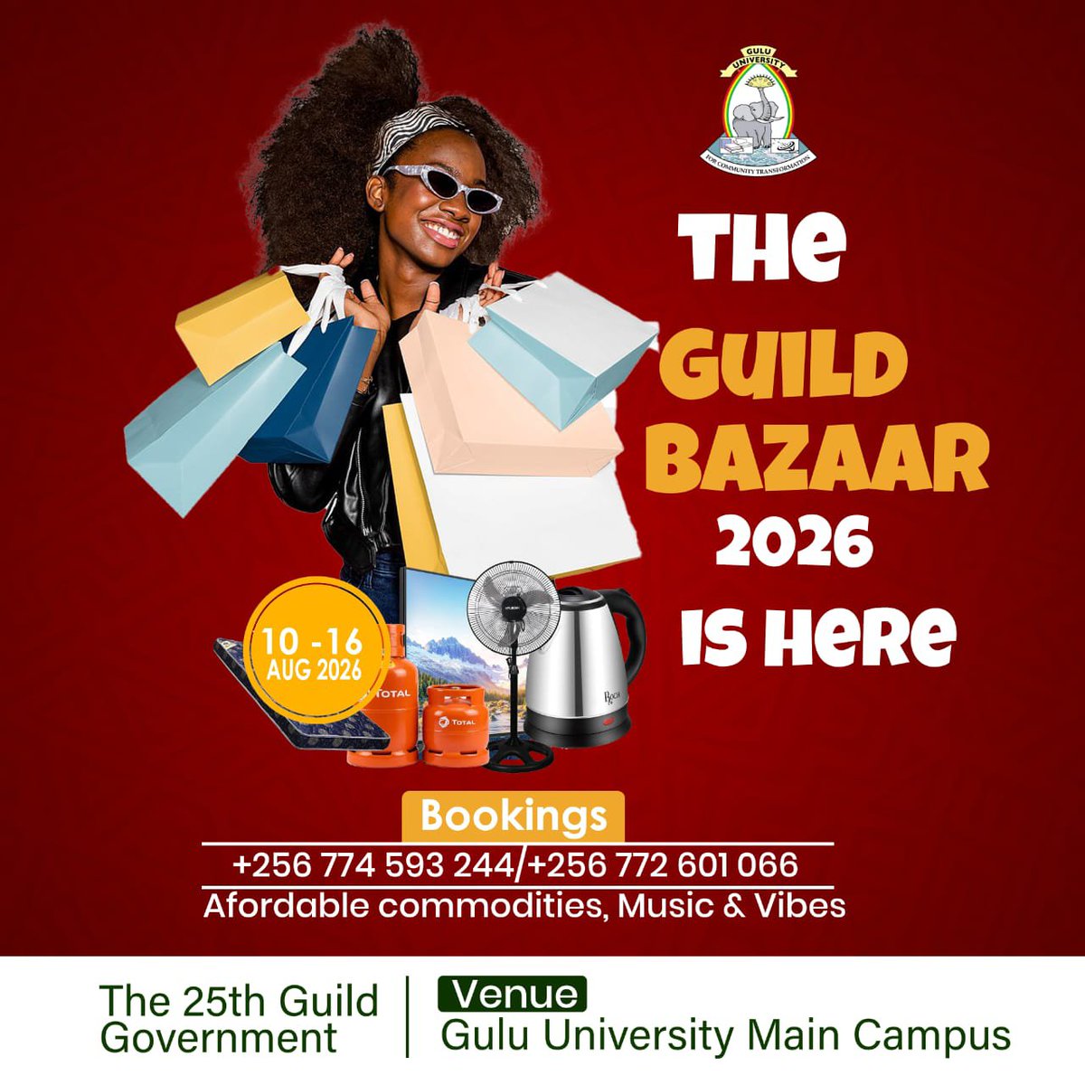 GenesisG58719's tweet photo. 📢 GUILD BAZAAR 2026 IS HERE!

10th - 16th AUG | Gulu University Main Campus

Student businesses. Gulu Business Community. Affordable commodities. Music &amp; Vibes. 🎶🛍️

VENDORS: Limited stalls. Book now 👇
+256 774 593 244 / +256 772 601 066

#GuildBazaar #25thGuild @GuluVarsity https://t.co/fJayk9Tf8l
