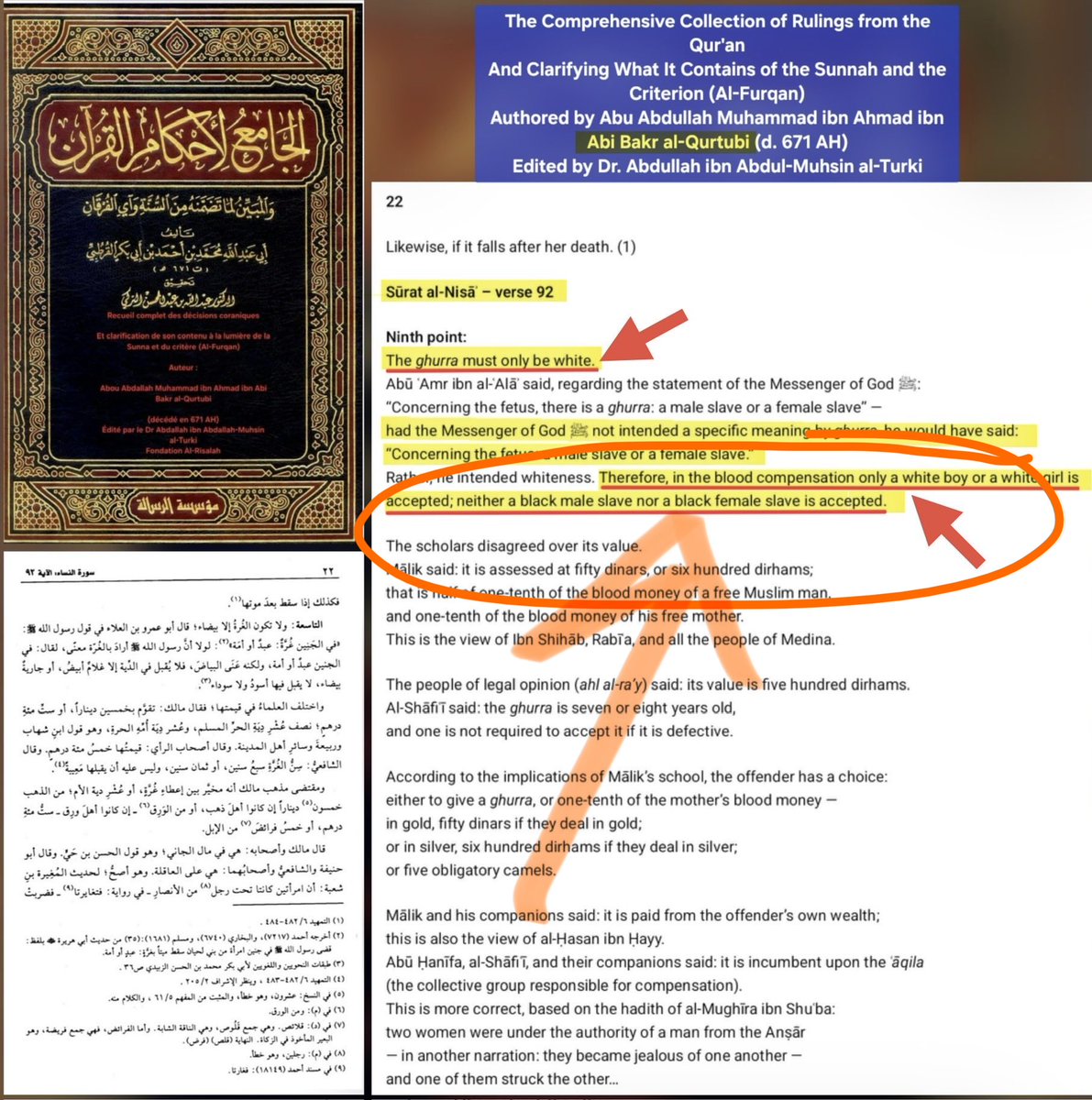 HeracliusF's tweet photo. @ABDELKARIM16083 @18ringgit @NyxLucis1o1o @GodLogic_GL You can’t pull a tafsir out of your ass!!! Give the text that confirms what you say. Why must the slave given in compensation for the death of a fetus necessarily be white and especially not black?!? Read !!!⬇️ https://t.co/cBIU4KnJjl