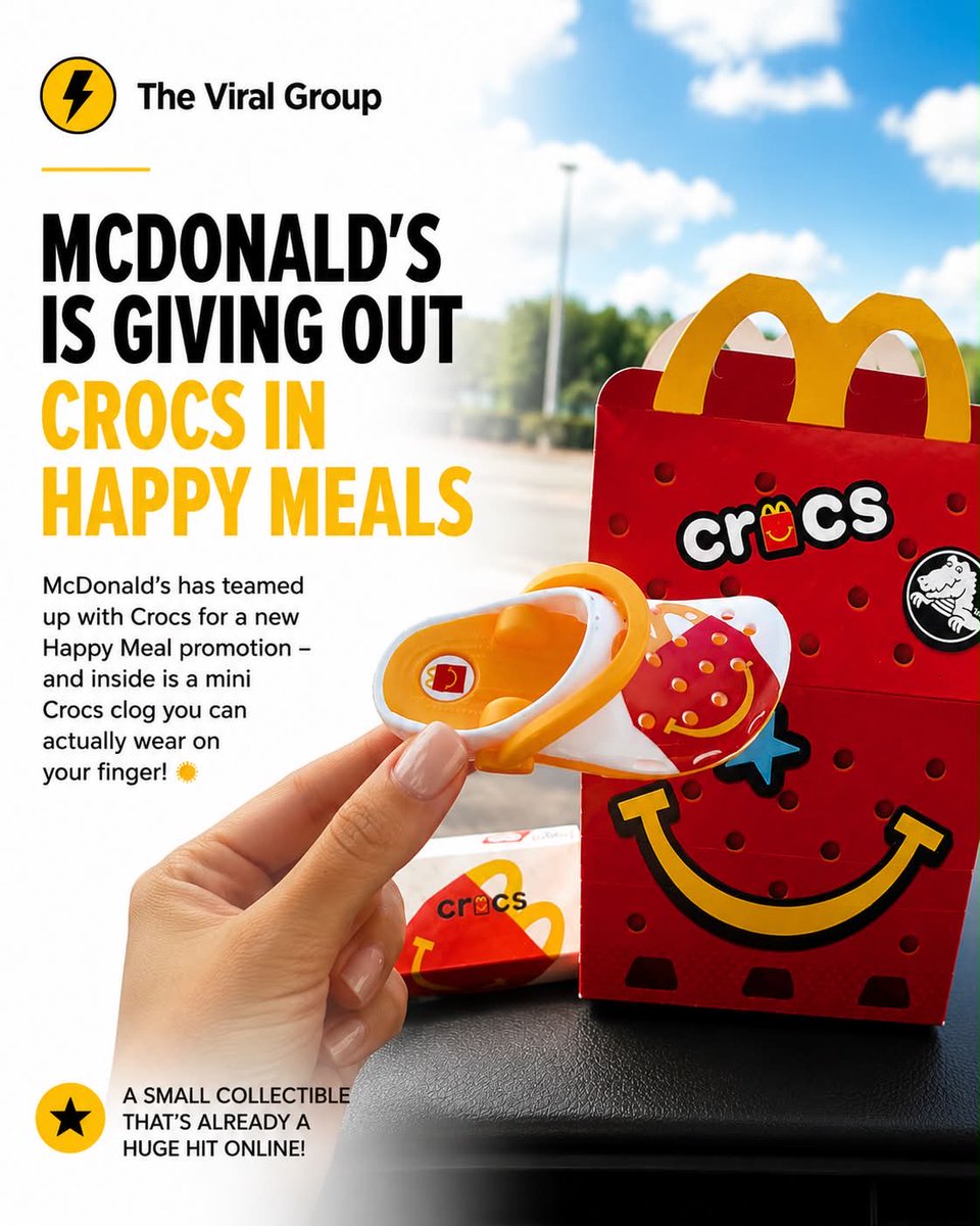 TheViralGroup's tweet photo. Yesss…🍔🩴👀
#Mcdonalds #HappyMeal #Crocs https://t.co/Q4QOzTsAeG