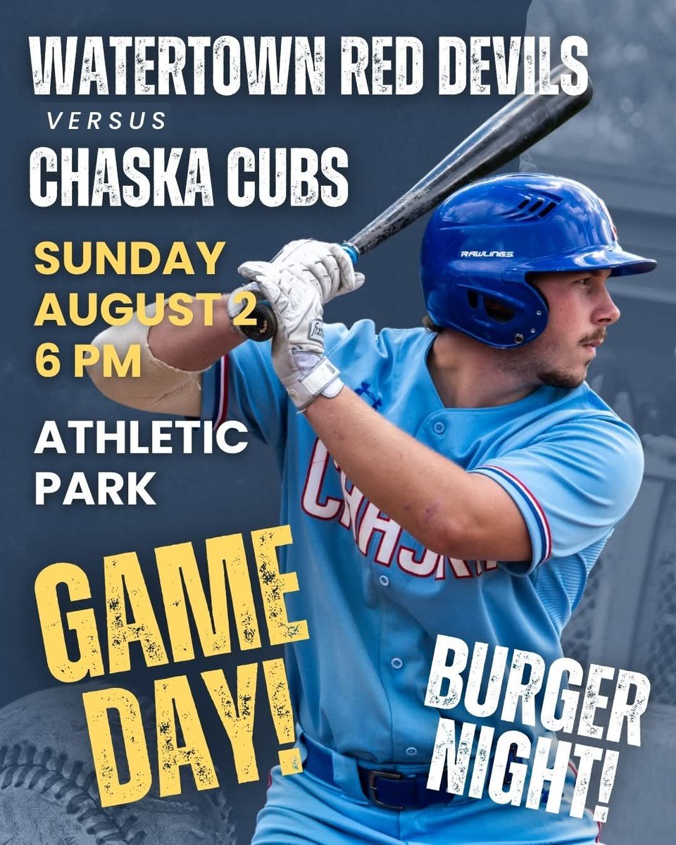 Chaskacubs's tweet photo. 🎉 IT'S GAME DAY! Join us at Chaska Athletic Park today, Sunday, August 2, 6pm, when we host the Watertown Red Devils. ❗This is our last regular season game of the 2026 season. 🍔 It's also burger night! ⚾ See you there, Cubs fans, and GO CUBS! 🐻 https://t.co/JhMnVwqyms