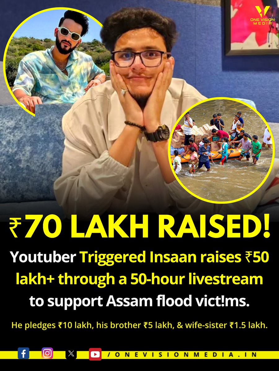 onevision_media's tweet photo. 50 hours of streaming, one powerful mission. ❤️ Popular YouTuber Triggered Insaan (Nischay Malhan) has raised over ₹50 lakh through a 50-hour charity livestream to support people affected by the devastating floods in Assam. https://t.co/1nTIUS83lY