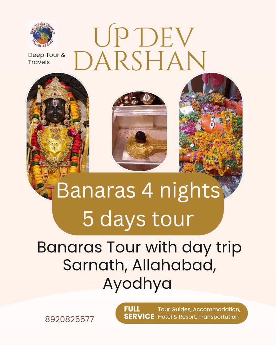 DeepTTravels's tweet photo. Discover the holiest cities of Uttar Pradesh with our "UP Dev Darshan" 4N/5D tour package! 
Fully Guided with Accommodations &amp; Transport by Deep Tour &amp; Travels 

Book Now: 8920825577

#UPDevDarshan #Banaras #Ayodhya #Prayagraj #SpiritualTravel #IncredibleIndia https://t.co/vSBdDbo4Z6