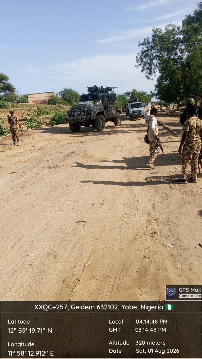 ZagazOlaMakama's tweet photo. Troops clear suspected terrorist hideouts in Yobe, deny insurgents freedom of movement

By Zagazola Makama

Troops of the Joint Task Force North-East, Operation HADIN KAI, have conducted a clearance operation in Geidam Local Government Area of Yobe State following intelligence on the suspected convergence of terrorists in the area.

Intelligence sources told Zagazola Makama that the operation was carried out at about 2:10 p.m. on Aug. 1 by troops of B Company, Kanama, 159 Task Force Battalion, supported by members of the National Forest Guards.

The sources said the troops, mounted on one Mine-Resistant Ambush Protected (MRAP) vehicle and three gun trucks, advanced to Garin Gada village and Bulagra village to clear the area and deny terrorists freedom of action.

Although no contact was made with suspected insurgents during the operation, troops thoroughly searched the locations as part of ongoing efforts to disrupt terrorist activities and prevent the establishment of hideouts.

According to the sources, interactions with residents of both communities indicated that there were no Boko Haram camps within the immediate vicinity. However, the locals disclosed that terrorist elements occasionally passed through the villages for administrative and logistical purposes.

After completing the clearance mission, the troops returned safely to base at about 4:37 p.m.

Military sources said the operation forms part of sustained offensive efforts under Operation HADIN KAI to dominate vulnerable areas and prevent terrorists from regrouping across the North-East.

They added that the overall security situation across the theatre remains calm but unpredictable, while troops continue to maintain high morale and operational readiness.