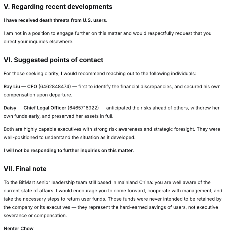 NenterChow's tweet photo. Today I issue my formal statement on BitMart. I led Marketing and Branding. I never controlled operations, wallets, or user funds. I had no role in the shutdown decision. The threats I've received are unacceptable. Full statement speaks for itself. https://t.co/6fMfJR923q