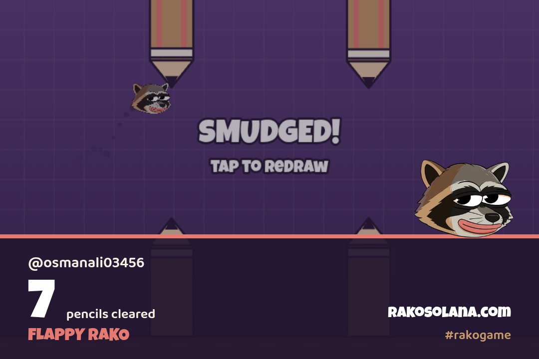 oa5077063's tweet photo. I cleared 7 pencils in Flappy RAKO 🦝

$RAKO — think you can beat that? https://t.co/rlr1GN1uSd #rakogame https://t.co/Uz9Dq17i1F