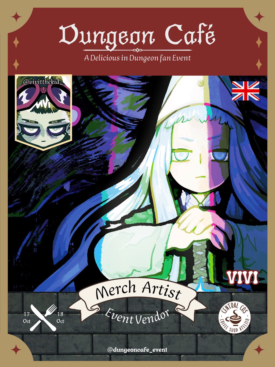 dungeon_cafe's tweet photo. MERCH ARTIST REVEAL 🍄💨

Please welcome Vivi !

🗝️ Dungeon Cafe, a Dungeon meshi fan Event
📍Central cos café, Paris 🇫🇷
📆 October 17 &amp; 18

#deliciousindungeon #dunmeshi https://t.co/lfMEoH5To4