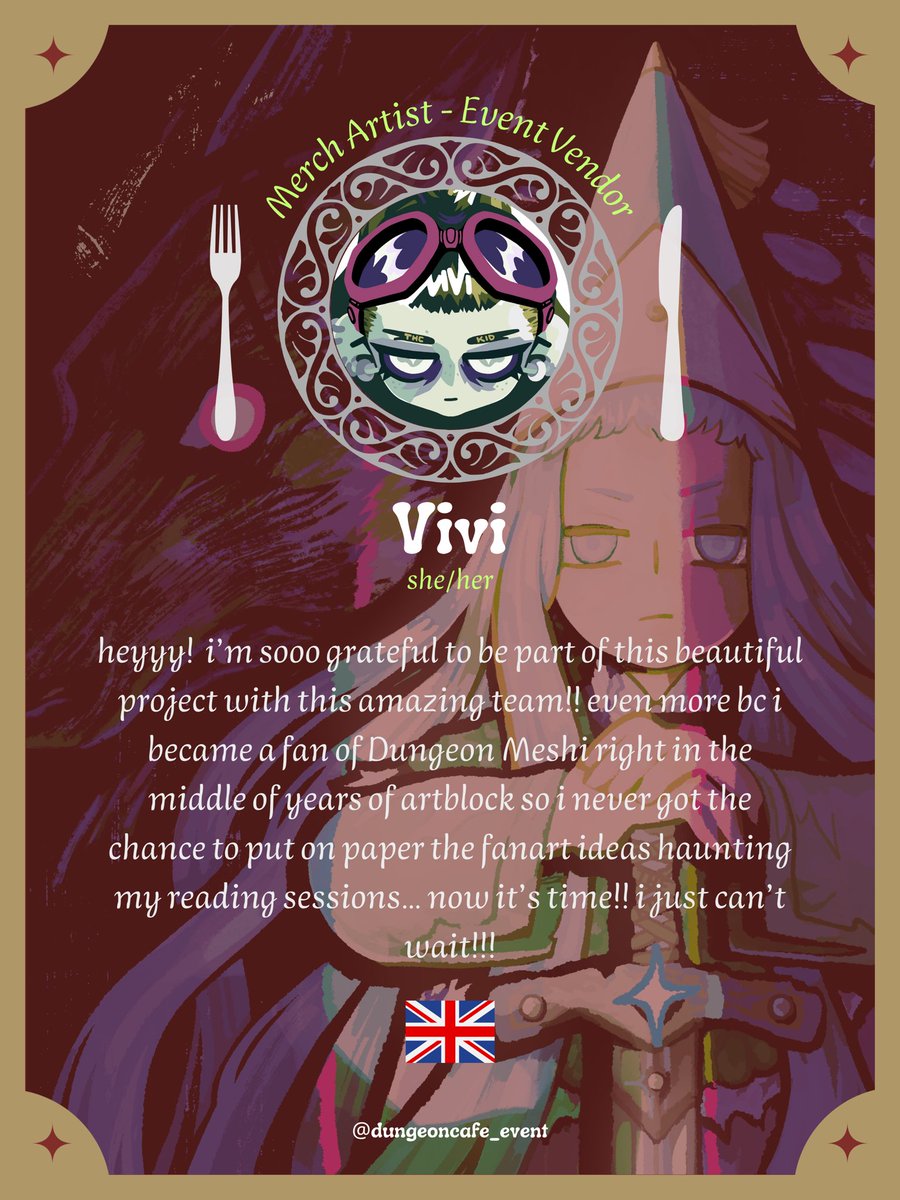 dungeon_cafe's tweet photo. MERCH ARTIST REVEAL 🍄💨

Please welcome Vivi !

🗝️ Dungeon Cafe, a Dungeon meshi fan Event
📍Central cos café, Paris 🇫🇷
📆 October 17 &amp; 18

#deliciousindungeon #dunmeshi https://t.co/lfMEoH5To4