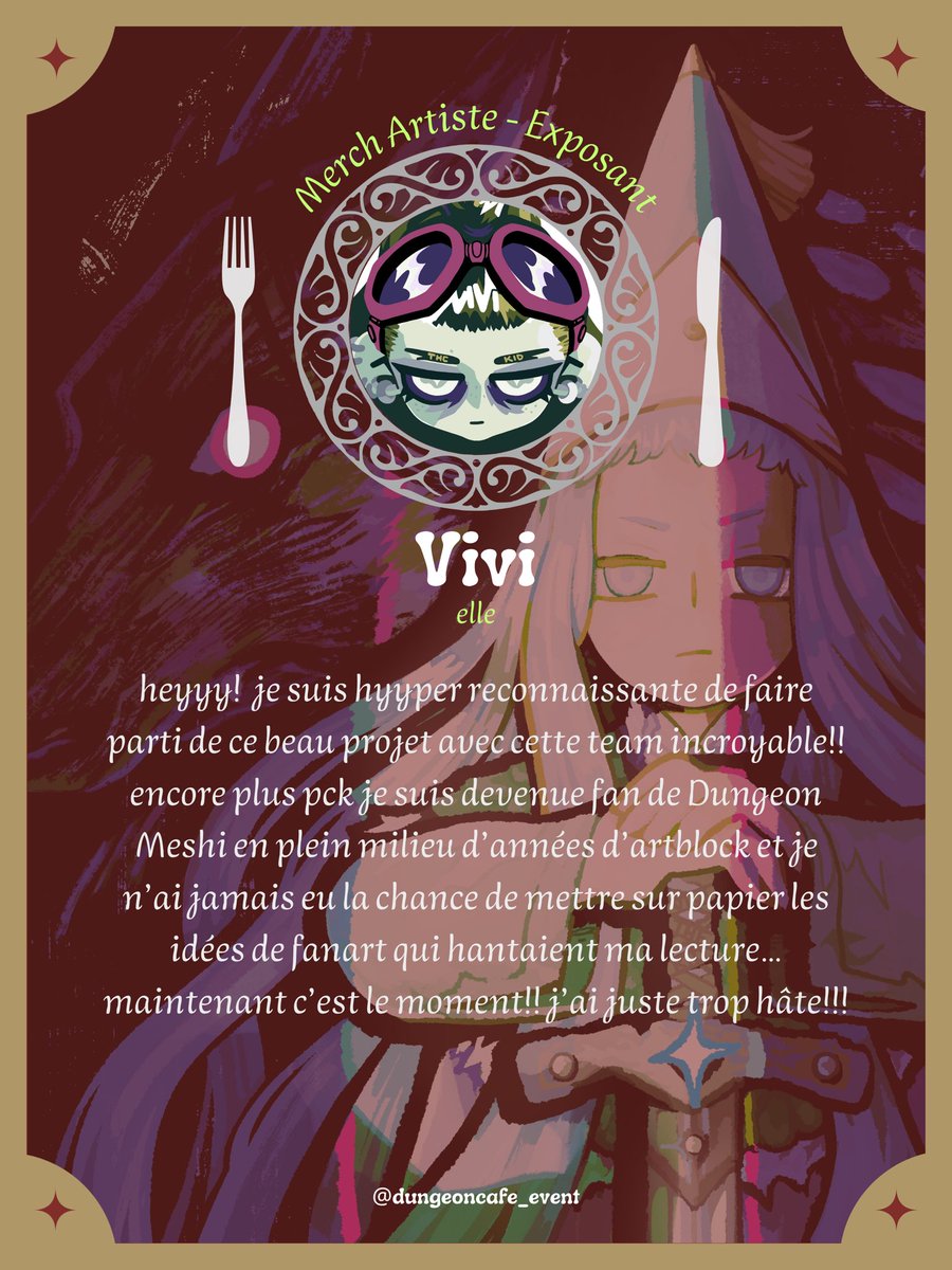 dungeon_cafe's tweet photo. ANNONCE ARTISTE 🍄💨

Veuillez accueillir Vivi !

🗝️ Dungeon Cafe, un fan event Dungeon meshi
📍Central cos café, Paris 🇫🇷
📆 17 &amp; 18 Octobre

#gloutonsetdragons #dunmeshi https://t.co/oi9lnXAM5x