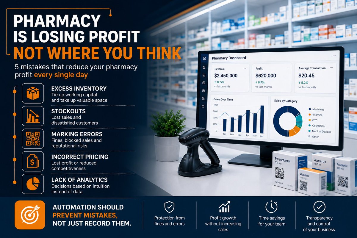 RuslanKosberg's tweet photo. Most pharmacies focus on increasing sales. But profits are often lost elsewhere: staff errors, excess inventory, stockouts, duplicate sales of marking codes, incorrect pricing, and poor analytics. The best software prevents mistakes before they become financial losses. #Pharmacy #HealthTech #Retail