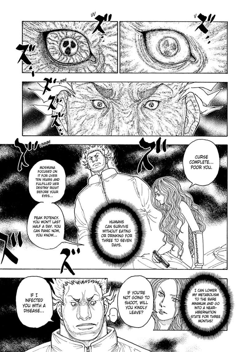 akrates22's tweet photo. Interesting how the curses look similar. 
The emphasis on years in making &amp; peak potency tells me Fugetsu might've been cursed by Camilla's guard too, but perhaps a weaker version.
#hxh #hxh416 https://t.co/TuzfgdJzWb