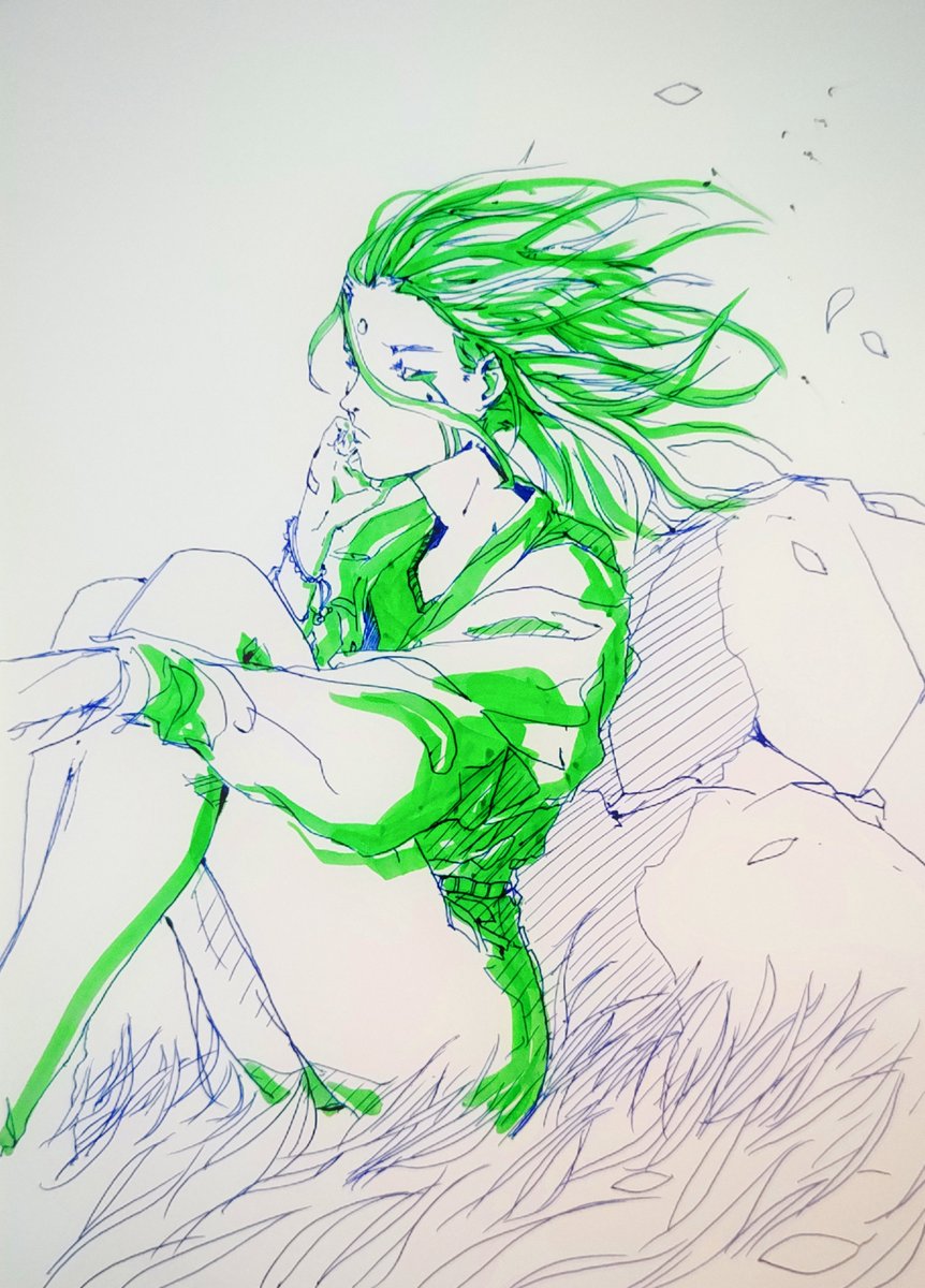 Maraz_Nelson's tweet photo. #neonseed
A drawing of Rabiah. The final designs for this character are still to determine since we're still far from her appearance in the story.
Blue bic, a marker and office paper.
Attempted to draw directly on paper without any pencils, but still got a few things "unresolved".
Still I like the sense of stillness 
#comicbooks #イラスト
